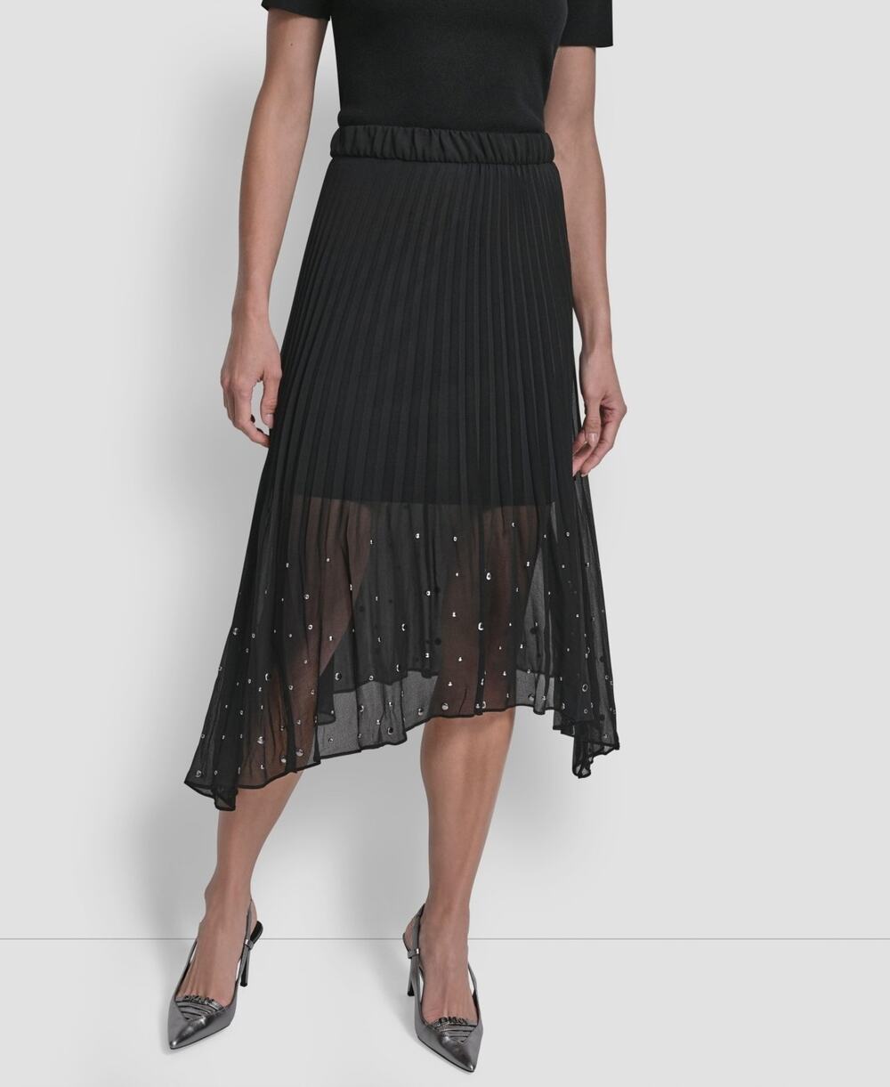 Dkny Midi Skirt Womens XL Black Chiffon Studded Pleated A-Line Modest Preppy NWT